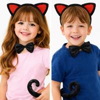 Kırmızı Kulaklı Kedi Kostüm Seti – Taç Papyon Kuyruk 3 Parça