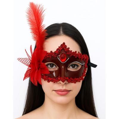 Kırmızı Mat Renk Yandan Tüylü Güllü Parti Balo Venedik Maskesi 16x22