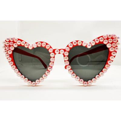 Kırmızı Renk İncili Kalp Şekilli Gelin Gözlüğü Bride Gözlüğü 