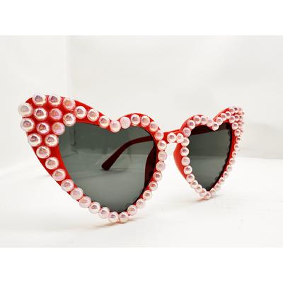 Kırmızı Renk İncili Kalp Şekilli Gelin Gözlüğü Bride Gözlüğü 