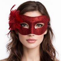 Kırmızı Simli Tüylü Balo Maskesi – Kadın Parti & Maskeli Balo Maskesi
