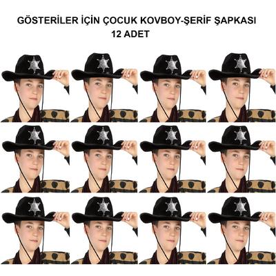 Kovboy Şerif Şapkası Siyah 12 Adet - Kostüm, Parti ve Gösteri Şapkası