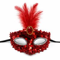 Lüks Kırmızı Tüylü Taşlı Balo Maskesi