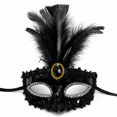 Lüks Siyah Tüylü Taşlı Balo Maskesi