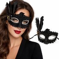 Lüks Siyah Tüylü Venedik Maskesi – Taşlı Dantel Tasarım