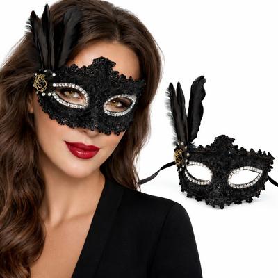 Lüks Siyah Tüylü Venedik Maskesi – Taşlı Dantel Tasarım