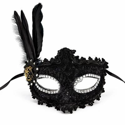 Lüks Siyah Tüylü Venedik Maskesi – Taşlı Dantel Tasarım