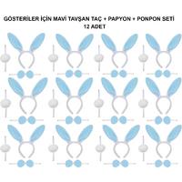 Mavi Tavşan Kostüm Seti – Taç, Papyon, Ponpon (12’li Paket)