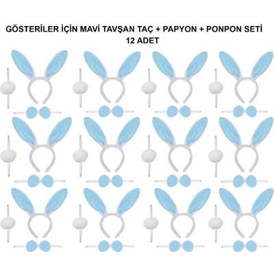 Mavi Tavşan Kostüm Seti – Taç, Papyon, Ponpon (12’li Paket)