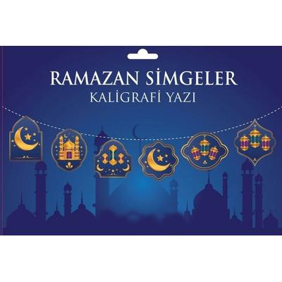 Mavi Üzeri Altın Renk Ramazan Koreografi Simgeler Banner Afiş 21x150 cm