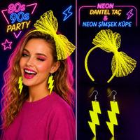 Neon Sarı Dantel Taç ve Şimşek Küpe 80'ler 90'lar Parti Seti