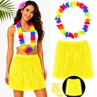 Neon Sarı Hawaii Etek 40 cm ve Rengarenk Hawaii Kolye