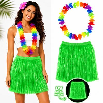 Neon Yeşil Hawaii Etek 40 cm ve Rengarenk Hawaii Kolye 