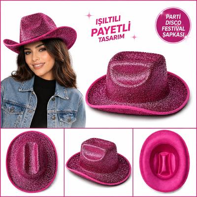 Parlak Pembe Kovboy Şapka Kadın Erkek Parti Disco Festival Şapkası