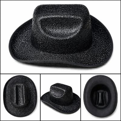 Parlak Siyah Kovboy Şapka Kadın Erkek Parti Disco Festival Şapkası