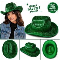 Parlak Yeşil Kovboy Şapka Kadın Erkek Parti Disco Festival Şapkası