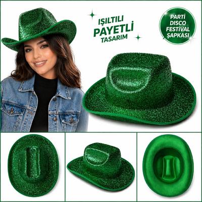 Parlak Yeşil Kovboy Şapka Kadın Erkek Parti Disco Festival Şapkası
