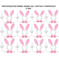 Pembe Tavşan Kostüm Seti – Taç, Papyon, Ponpon (12’li Paket)