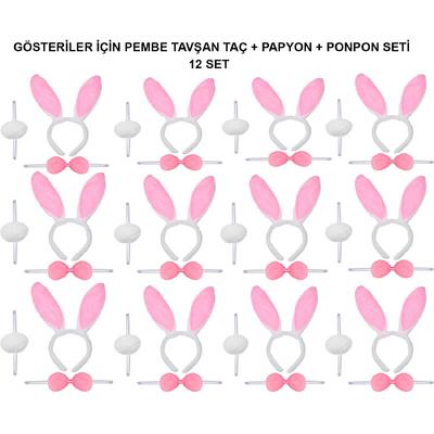 Pembe Tavşan Kostüm Seti – Taç, Papyon, Ponpon (12’li Paket)
