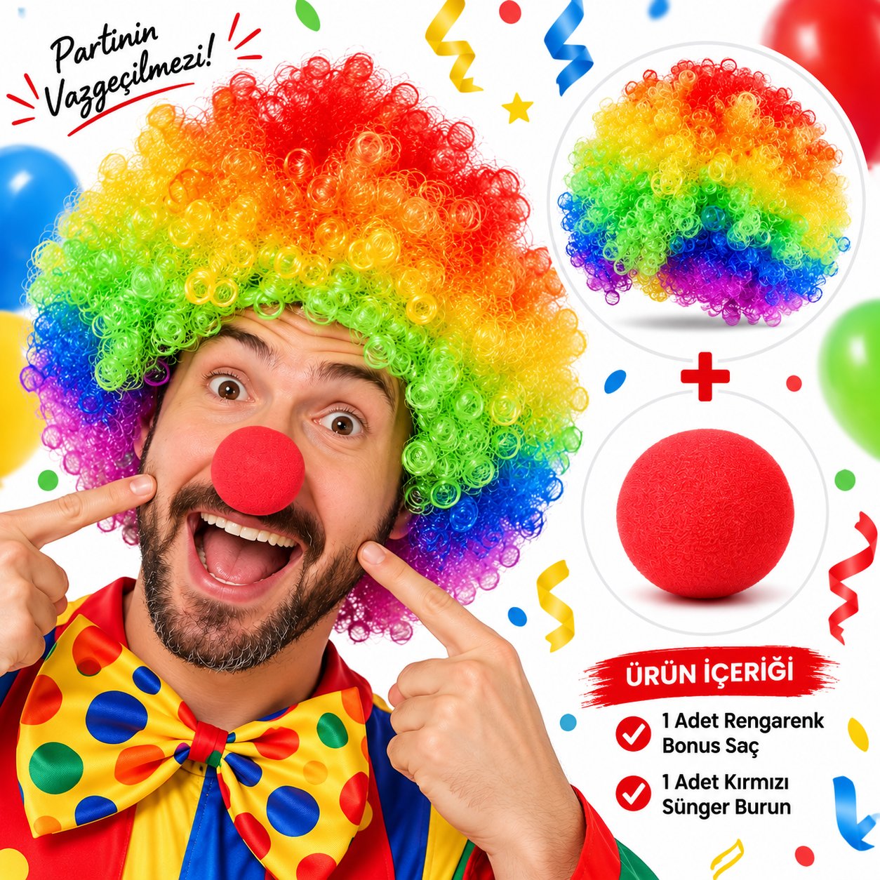 Rengarenk Bonus Saç ve Kırmızı Sünger Burun Seti