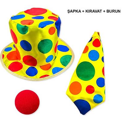 Renkli Palyaço Kostüm Seti – 3 Parça Aksesuar (Şapka, Kravat, Burun)
