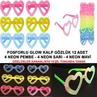 Retro Neon Fosforlu Kalp Gözlük 12 Adet – 80’ler 90’lar Parti Stili