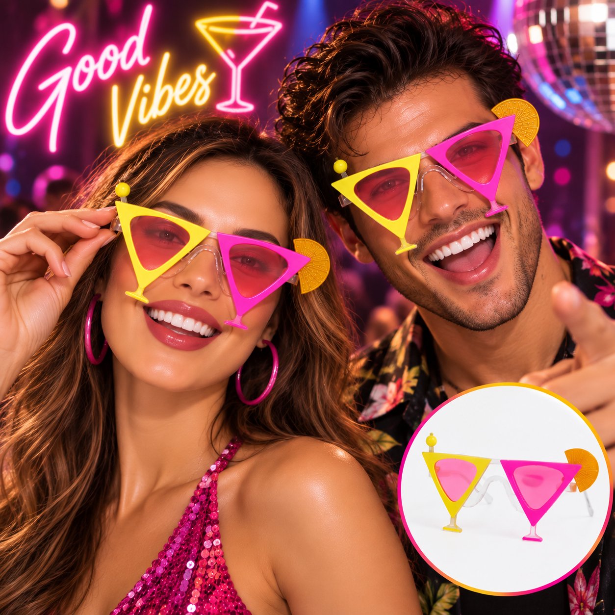 Sarı Pembe Renk Martini Parti Gözlüğü