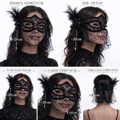 Siyah Dantel Tüllü Peçeli Parti Maskesi - Tüylü İnci Detaylı