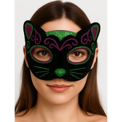 Siyah Kadife Kaplama Üzeri Pembe Yeşil Sim İşlemeli Kedi Maskesi 20x13 cm