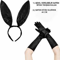 Siyah Parlak Tavşan Kulak ve 40 cm Parlak Siyah Eldiven Kostüm Seti