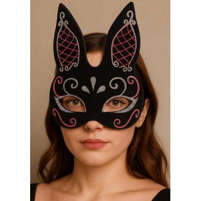 Siyah Renk Kırmızı Beyaz Simli Siyah Süet Kaplama Tavşan Maskesi 18x16 cm