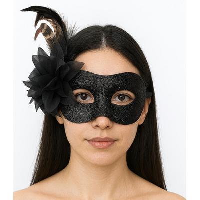 Siyah Renk Metalize Sim Görünümlü Parlak Tüylü Parti Maskesi 22x19 cm