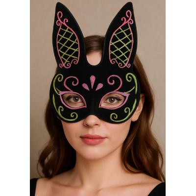 Siyah Renk Pembe Gold Simli Siyah Süet Kaplama Tavşan Maskesi 18x16 cm