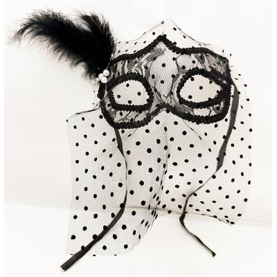 Siyah Renk Siyah Puantiyeli Duvaklı İncili Parti Maskesi 