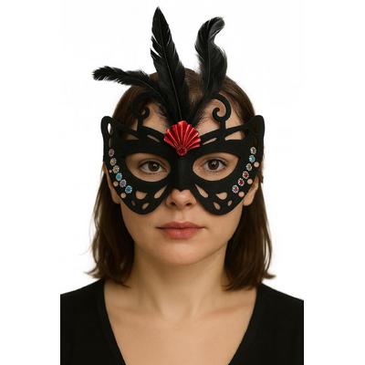 Siyah Renk Siyah Süet Kaplama Tüylü Kelebek Figür Parti Maskesi 24x18 cm