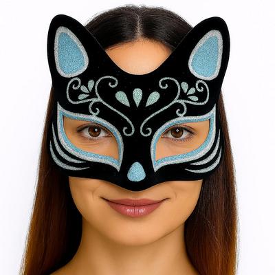 Siyah Renk Süet Kaplama Üzeri Gümüş Mavi Simli Kedi Maskesi 17x14 cm