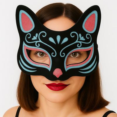 Siyah Renk Süet Kaplama Üzeri Mavi Kırmızı Simli Kedi Maskesi 17x14 cm