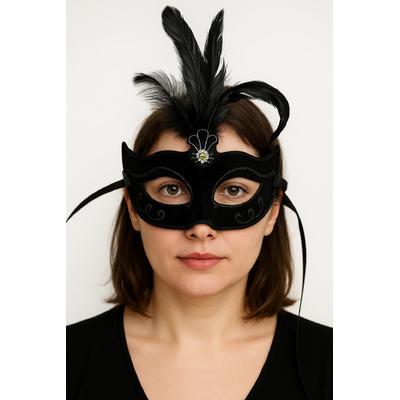 Siyah Renk Tüylü Siyah Süet Kaplama Parti Balo Maskesi 20X16 cm