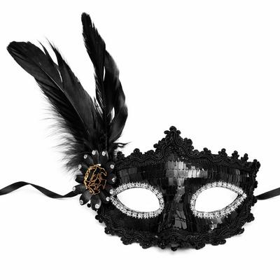 Siyah Tüylü Payetli Lüks Taşlı Parti Maskesi 