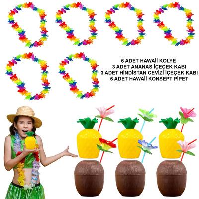 Tropikal Hawaii Parti Malzemeleri – Kolye, Pipet, Bardak Seti