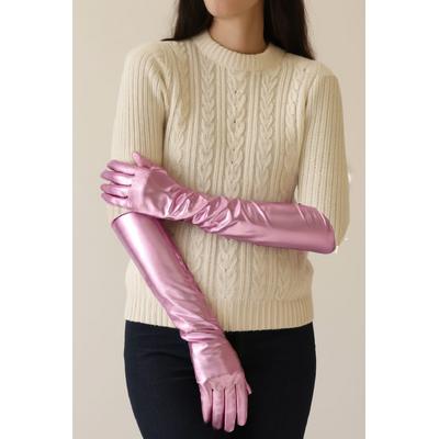 Uzun Boy Ekstra Parlak Eldiven Pembe Renk İç Kısım Vinleks Deri Dirsek Boyu