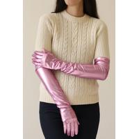 Uzun Boy Ekstra Parlak Saten Eldiven Pembe Renk 