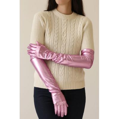 Uzun Boy Ekstra Parlak Saten Eldiven Pembe Renk 