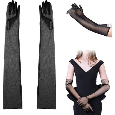 Uzun Boy Likralı Siyah Renk Yetişkin Mega Tül Eldiven 53 cm