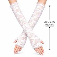 Uzun Zarif Dantel Eldiven Parmaksız Beyaz 35 cm