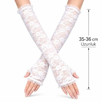 Uzun Zarif Dantel Eldiven Parmaksız Beyaz 35 cm