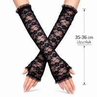 Uzun Zarif Dantel Eldiven Parmaksız Siyah 35 cm