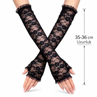 Uzun Zarif Dantel Eldiven Parmaksız Siyah 35 cm