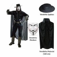 Vendetta Kostüm Seti – Şapka Maske Pelerin (120 cm)
