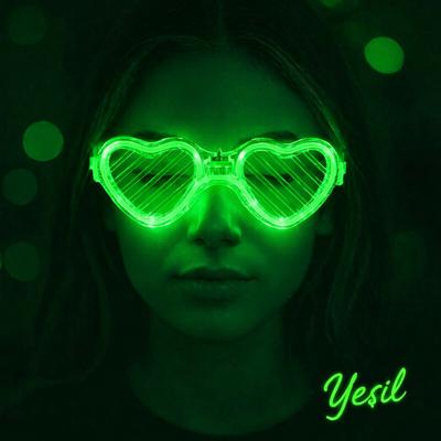Yeşil LED Işıklı Kalp Gözlük – 3 Modlu Parti & Glow Gözlüğü